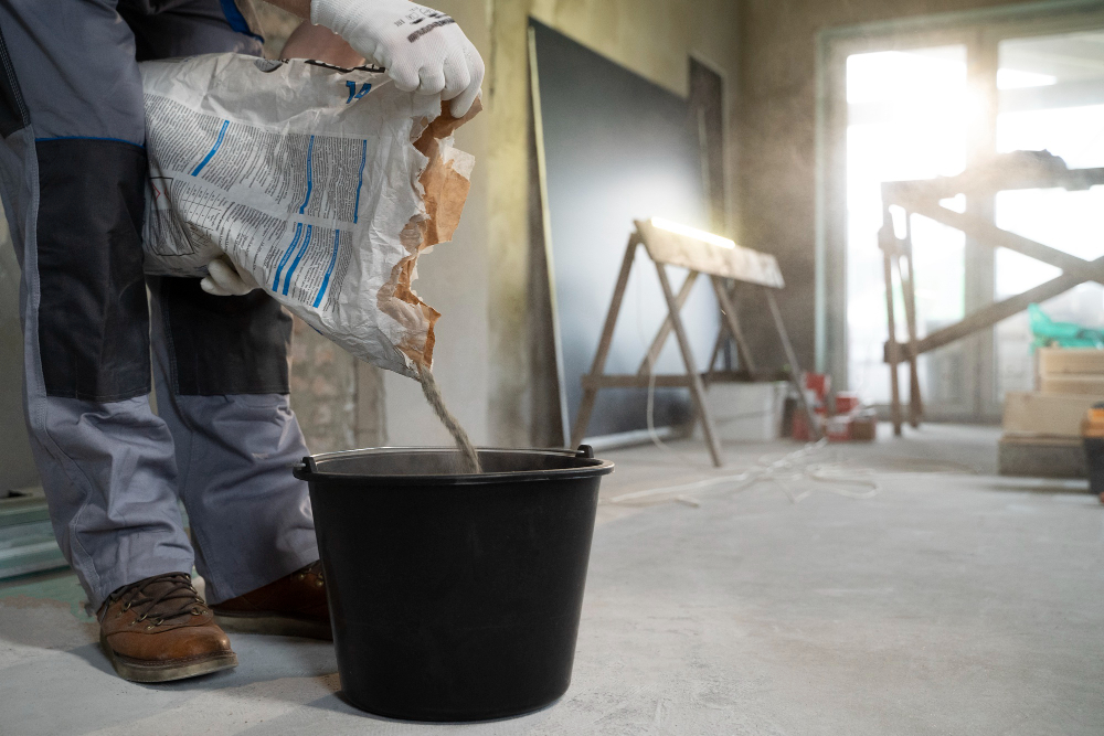 Mężczyzna w uniformie budowlanym wlewa cement do wiadra.
