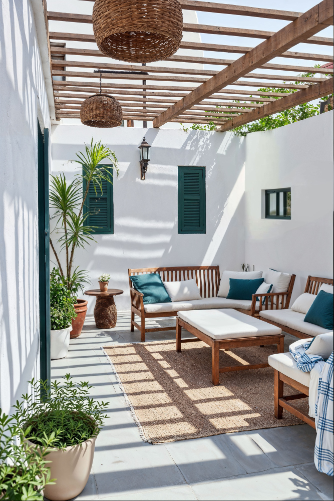 Patio z drewnianymi meblami i wiklinowym koszem, otoczone zielenią i przyjemnym oświetleniem.